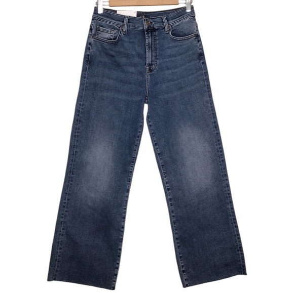 7 For All Mankind Cropped Alexa Blue High Rise Cut Hem Trouser Wide Leg Jeans - Picture 1 of 15
